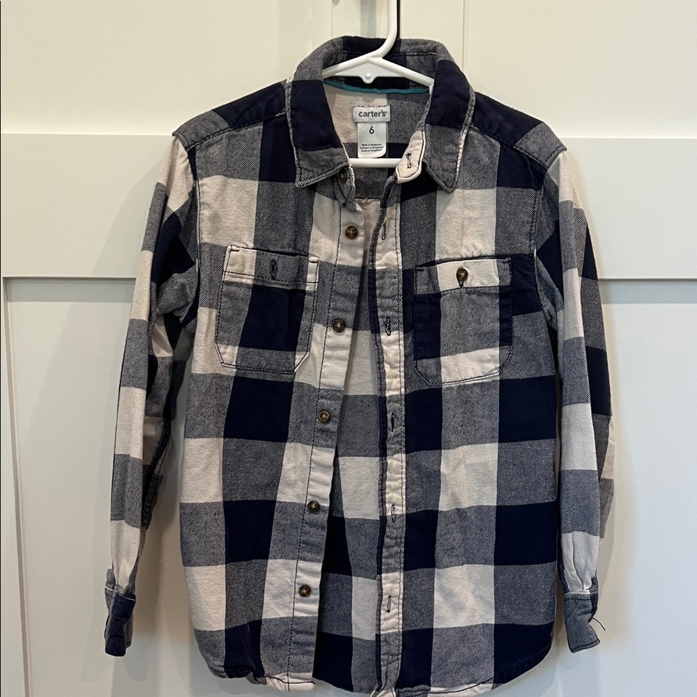 Carter's Navy and White Flannel Plaid Button Down Shirt